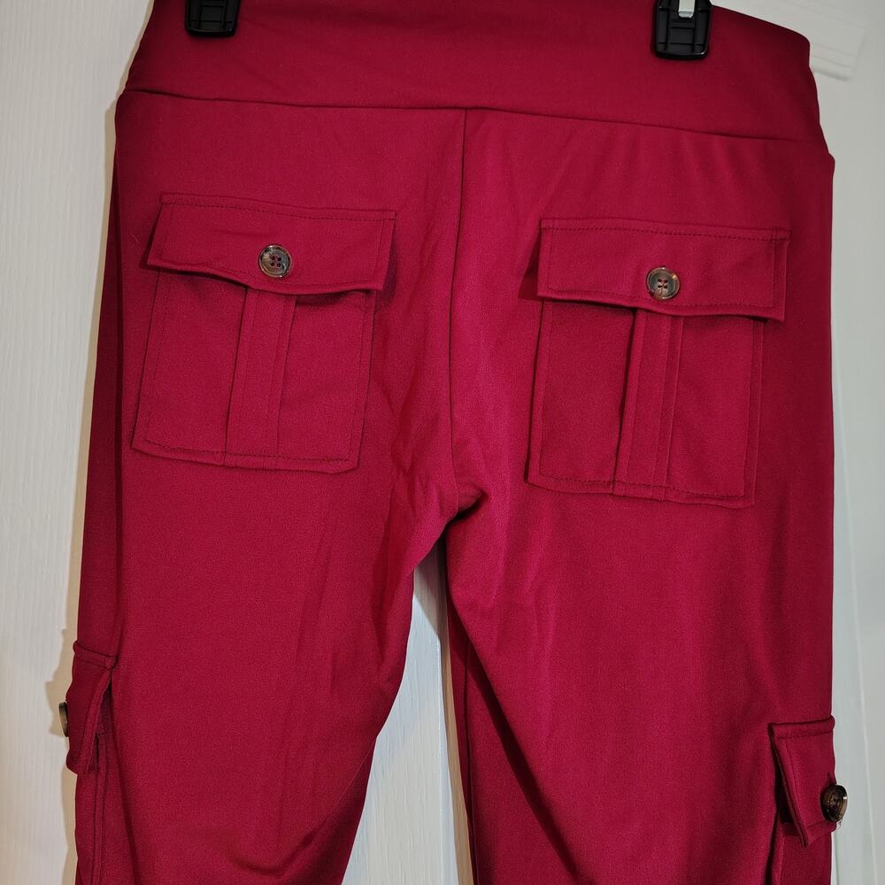 STRETCHY SILKY DARK RED LADIE'S CARGO STYLE YOGA PANTS - SIZE XL